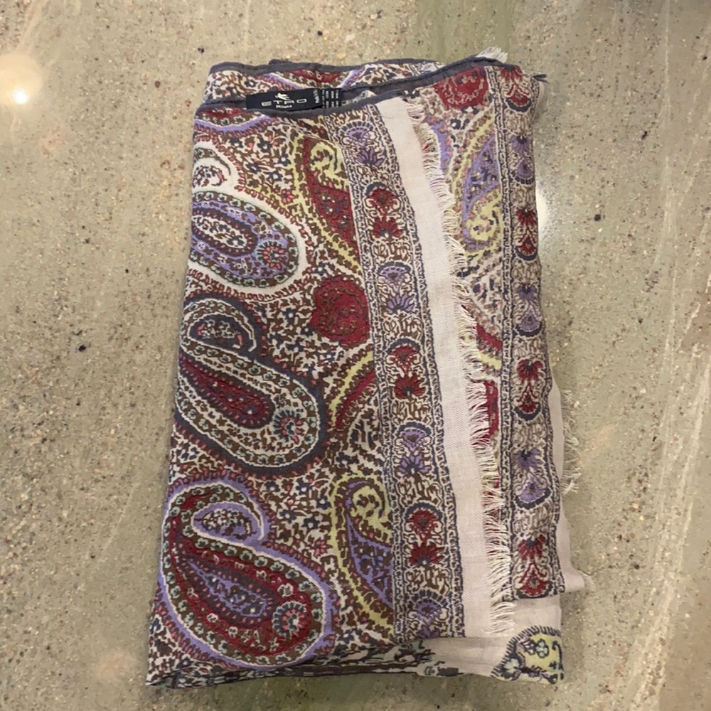 Etro silk and wool paisley scarf. Cream background, sage, violet, red print.